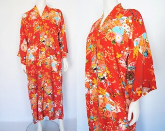 60s floral kimono robe, vintage asian print robe -- kimono sleeve, kimono print, floral duster, persimmon orange, japanese robe, 1960s 60s