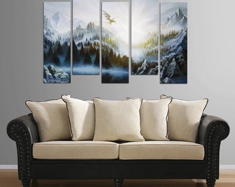 Large 5 piece Skyrim mountain landscape painting plastic plate mounted print