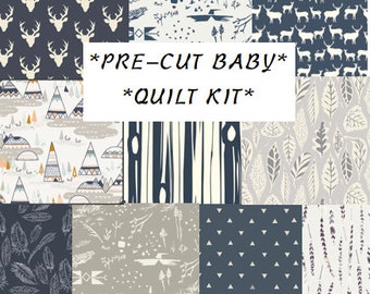 Baby Boy Quilt Kit, Modern Rustic Woodland Nursery Quilting Cotton, Quilting Squares, Bedding, Teepees, Antlers, Elk, Navy Blue, Gray deer