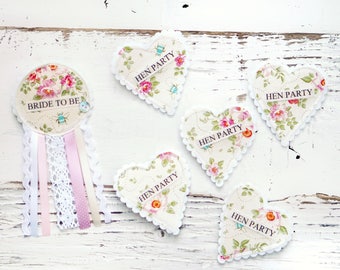 Hen Party Badge Set - Shabby Chic Vintage Hen Party - Floral Fabric Badges - Rosette Heart Set