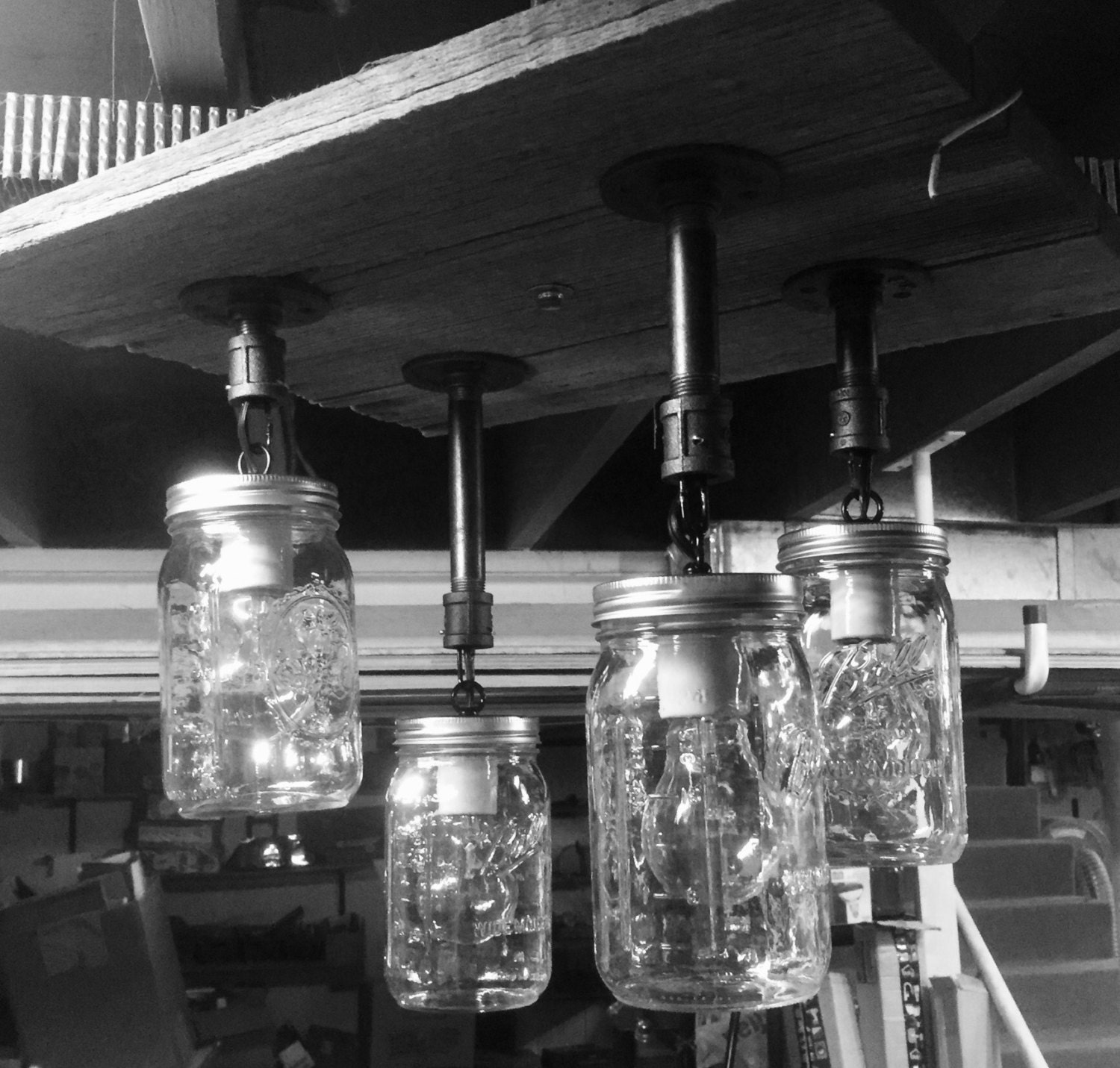 Rustic Country 4 Mason Jar pipe fitting Chandelier / ceiling