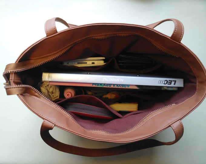 Brown Tote bag, LargeTote, Laptop bag, Organizer bag, Office handbag, Vegan Leather Bag, Personalized bag
