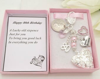 Personalised happy 80th birthday gift. Pink heart locket Lucky sixpence, charm, keyring, gift box, choice of heart and number charm