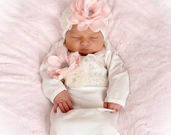 Newborn Girl Take Home Outfit, Ivory Layette Gown Cap with Blush Flowers, Newborn Gown