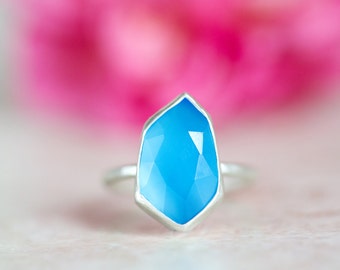 Chalcedony Ring, Rose Cut Blue Chalcedony Silver Ring, Tavernier Cut Blue Gemstone Ring