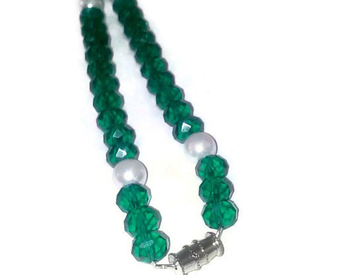 Green Bead Necklace, White Pearl Necklace, Crystal Bead, Silver Cross Necklace, Statement Piece, Crucifix, Pearl Bead, Green and White,Bold