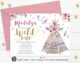 TEEPEE Invitation, Instant Download Girl Teepee Invitation, Teepee Party Invitation, Pink Teepee Party, Boho Teepee Invitation, Editable