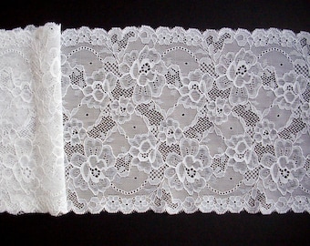 Wedding lace, white lace trim, stretch floral lace, table runner lace, scalloped edge, elastic lace trim, 16 cm, 6 1/2'', by the half metre