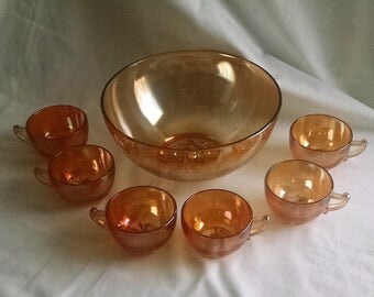 Jeannette Glass Egg Nog Punch Bowl set with 6 cups in Iridescent Copper Color