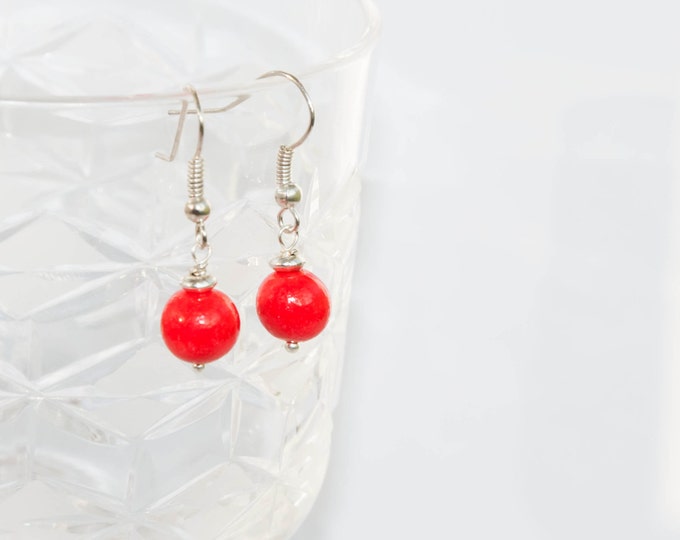 Bright red earrings for girls, Red color earrings, Small red earrings, Small earrings, Small dangle earrings, Simple earrings, 8-18 mm ball