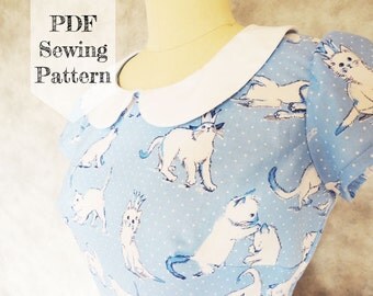 Short Sleeve Peter Pan Collar Dress PDF Sewing Pattern - cat, short cap sleeve, kitty, printable