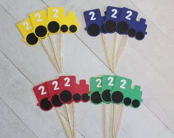 12 Train Cupcake Toppers - Red, Blue, Green, Yellow - CHOOSE YOUR COLORS | Personalized Number | Kids Train Birthday Theme