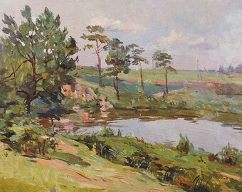 MID CENTURY ART, Vintage Original Oil Painting by M.Borymchuk 1950's, Nature, Summer, Forest Landscape, Riverscape, Soviet Impressionist art