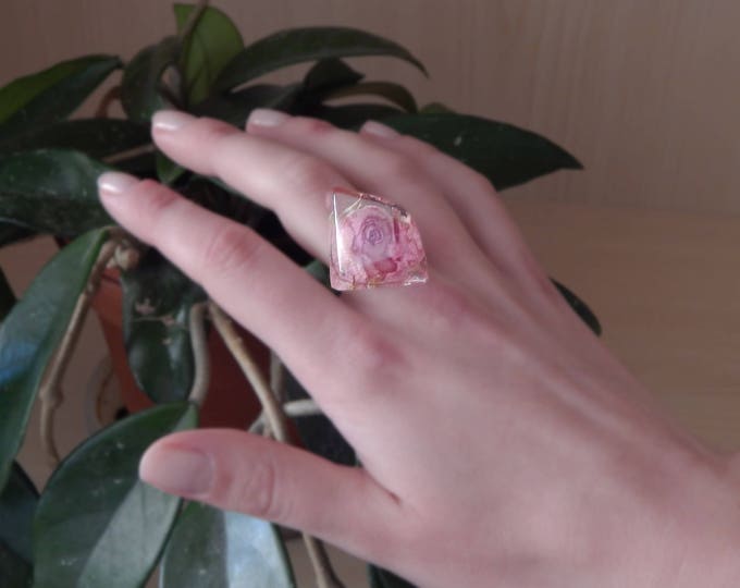 Epoxy rose ring with real pink flowers, dry flower jewelry, natural flowers style, love gift, transparent jewelery, Elven fairy boho style