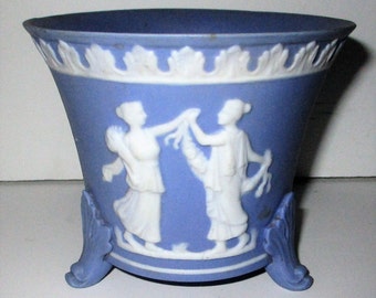 Vintage Wedgwood Blue Jasperware Footed Planter Pot Vase Two Dancing Grecian Ladies Roman Goddesses
