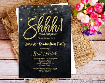 Shhh! It's a Surprise Party Invitation, Gold Glitter Black and White invitations, Black and Gold Birthday invitations, String light party