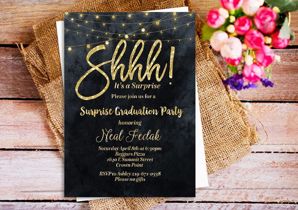 Shhh It's a Surprise Party Invitation Gold Glitter Black