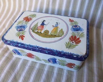 Vintage Biscuit Tin 'Massilly France'. Traditional Cookie Tin French Vintage Shabby Chic Kitchen Storage Container. HB. Henriot Quimper Art.
