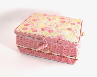 Vintage pink sewing basket, 1960s or 70s, wicker, sewing box, pink floral fabric, rope-like handle, satin interior, pincushion
