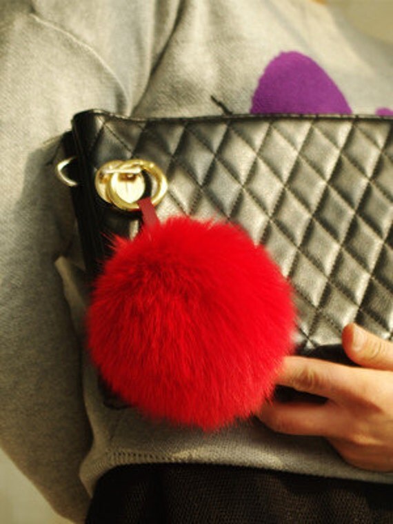 Fox Fur Ball Purse Charm Fuzzy Keychain Big Fluffy Pom Poms