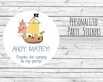 12 or 20 or 35 Personalized Pirate Ship Stickers, Birthday,Boats, Birthday Party Favor, Thank You Tags, Stickers Choose Size