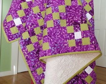 Modern Batik Quilt, Handmade quilt, Purple and Green Quilt, Traditional Nine-Patch Quilt, Queen Size Quilt