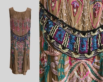 1920s Multi Color Beaded Chiffon Flapper Dress
