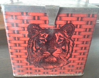 Antique Tiger Tobacco Tin, Tiger Tobacco Lunch Box, Tiger Chewing Tobacco Basket Tin, Red Tiger Lunch Pail, c. 1900-1909, Free Shipping