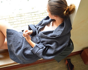 Charcoal blue linen robe - Women's linen bathrobe - Sizes XS-2XL - High-quality softened linen - Short robe with hood