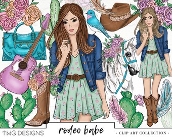 Fashion Girl Clip Art Watercolor Clipart PNG Country Chic Western Rodeo Hand Drawn Babe Illustration Planner Sticker Graphics Basic License