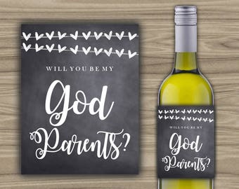 INSTANT DOWNLOAD - PRINTABLE - Will You Be My Godparents - Wine Bottle Label - Chalkboard Style - Hearts - Wine Label - X028