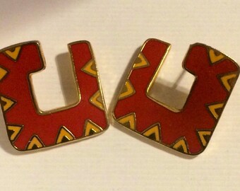 Vintage Laurel Burch earrings red and gold enamel earrings called "Galeza"