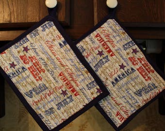 Set of 2 Oversized Rectangular Quilted Potholders Trivets Hotpads Patriotic 4th July Tributes