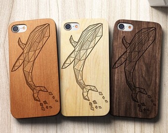 Geometric Whale iPhone Case SE 5c 5s 5 6 /6s 7 Plus Case | iPhone 7 Case Samsung Galaxy S6 / S7 Real Wood Case Laser Engraved Wooden Case