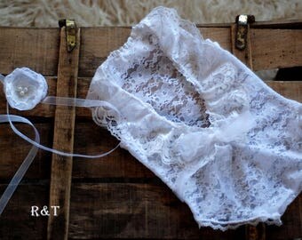 Newborn girl romper with tieback, baby romper, newborn lace, lace romper, new romper, photography prop lace, newborn girl, RTS.