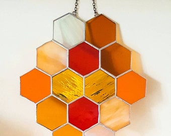Honeycomb, Stained Glass Panel, Suncatcher, Bumble Bee, Geometric Wall Art, Tiffany, Suncatcher, Mid Century Modern, Sandinavian, Wedding