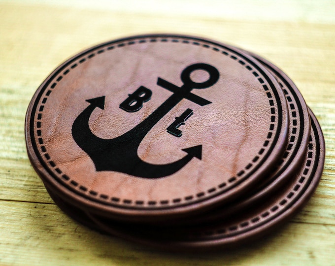 Сoasters set in GIFT BOX - gift for husband - beermat - Anchor monogram - drink coasters - bar coasters - Leather coasters - beer coasters