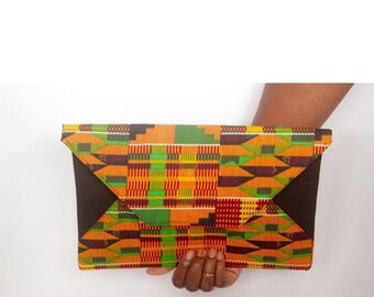 Authentic Kente Cloth Clutch Bag-African Fabric-Ankara Clutch-African Print Purse-Wax African Fabric-Dashiki Clutch-Orange, Brown, and Green