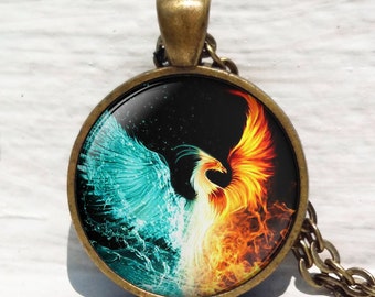 Fire and Water Necklace,Firebird Jewelry, Phoenix pendant, Phoenix Art necklace, Phoenix Hand drawing, Phoenix Key Chain
