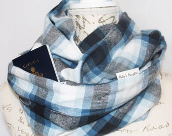 Secret Pocket Scarf / Blue and White Traditional Plaid / Flannel Infinity Scarf with Hidden Pocket / Travel Scarf / Unisex Scarf