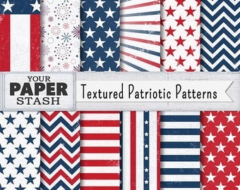 Patriotic 4th of July Digital Papers, Red White Blue Backgrounds, American Flag Pattern, Textured, Stars & Stripes, Commercial Use, Download