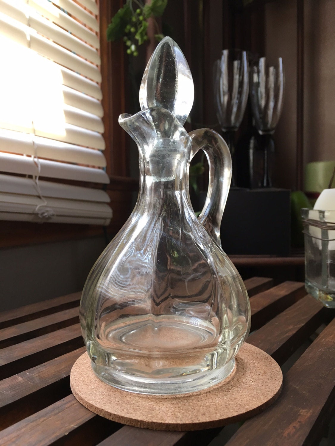 Vintage clear heavy glass Oil/Vinegar Cruet with stopper