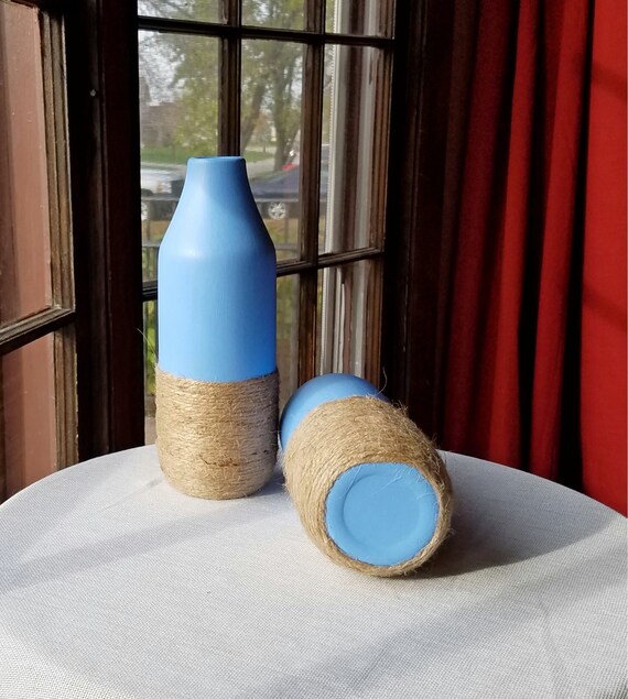Blue Vase Twine Wrapped Vase Milk Jug Vase Large by ThisUniqueHome