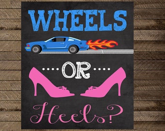 wheels or heels gender reveal party, gender reveal chalkboard, wheels or heels chalkboard, wheels or heels gender reveal sign, boy or girl