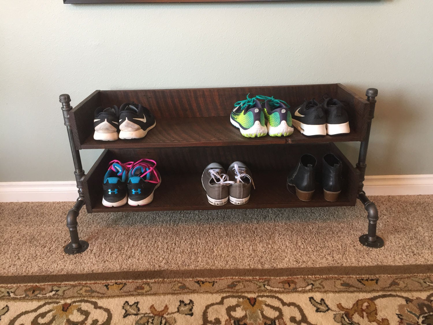 Industrial Pipe Shoe Rack / Reclaimed Wood Shoe Rack / Shoe