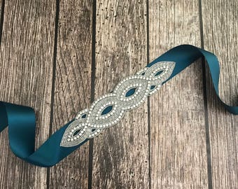 Teal wedding sash, rhinestone wedding sash, all white sash, wedding belt, simple wedding sash, teal sash, crystal sash