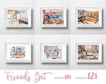 Wall Art Friends TV Show Watercolor Prints Set,Sale,90s Sitcom,Central Perk,Monica Chandler Ross Rachel Joey Phoebe,Printable,Yellow Frame