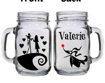 Personalized Nightmare Before Christmas 16oz Glass Mason Jar Mug with Lid & Straw Customizable