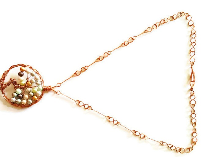 Copper and Swarovski Glass Pearl Tree of Life Pendant Necklace