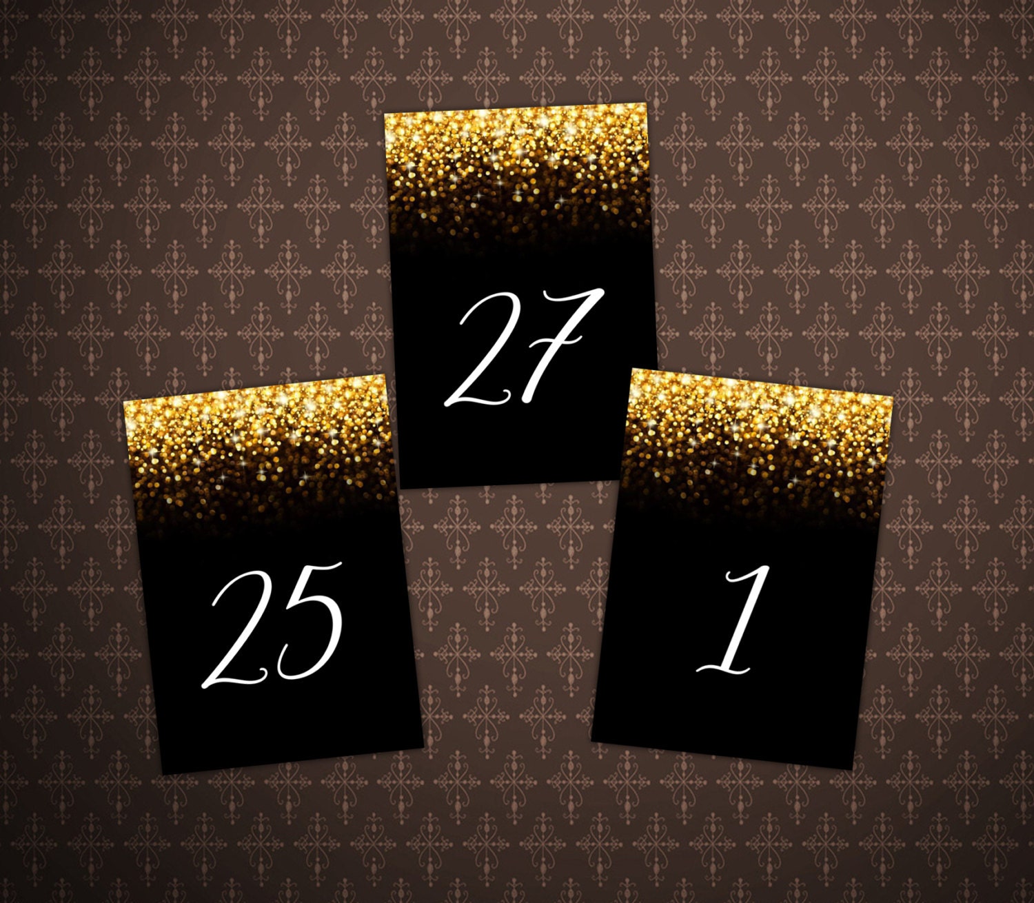 printable black and gold glitter wedding table numbers cards